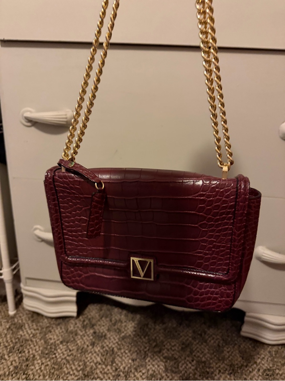 Victoria's Secret Croc-Embossed Wine Crossbody with Gold Chain